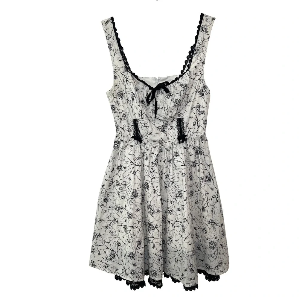 Y2K Skater‎ Dress Whimsigoth Spider Floral White Black Lace Trim Cottagecore M